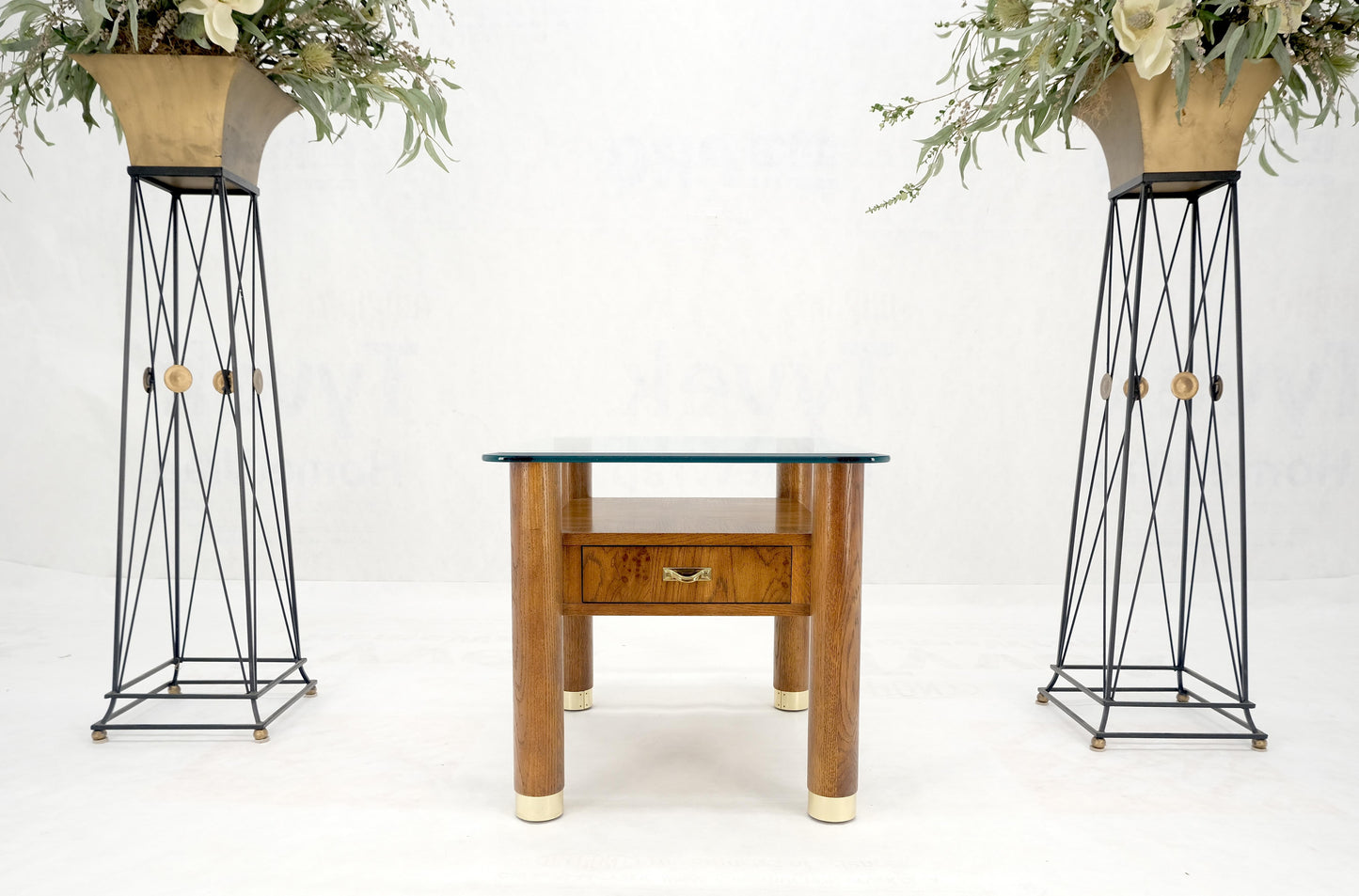EstablishedLines Heavy Solid Oak Cylinder Legs Brass Tips Hardware One Drawer Glass Top End Table