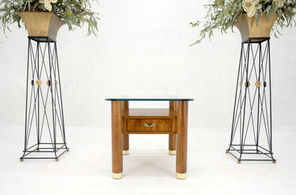 EstablishedLines Heavy Solid Oak Cylinder Legs Brass Tips Hardware One Drawer Glass Top End Table