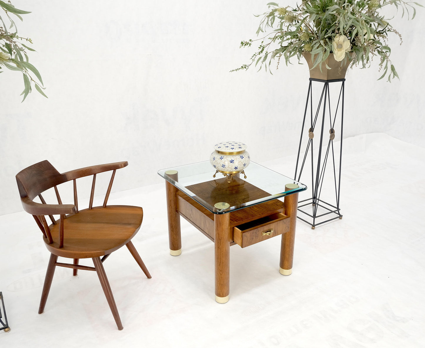 EstablishedLines Heavy Solid Oak Cylinder Legs Brass Tips Hardware One Drawer Glass Top End Table