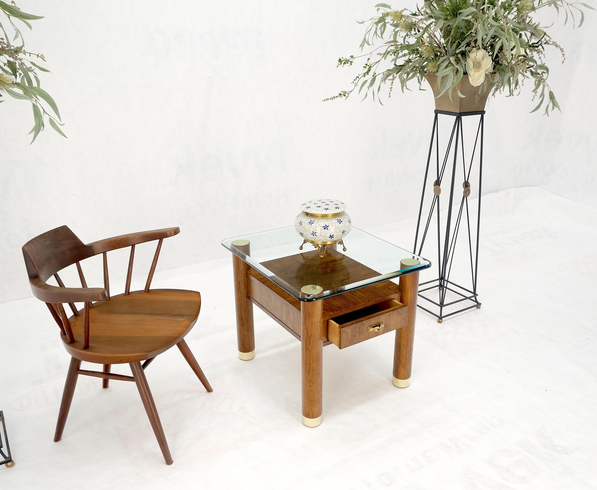 EstablishedLines Heavy Solid Oak Cylinder Legs Brass Tips Hardware One Drawer Glass Top End Table
