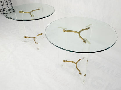 EstablishedLines Pair of Glass Top Lucite & Brass Bases End Side Occasional Tables Stands MINT!