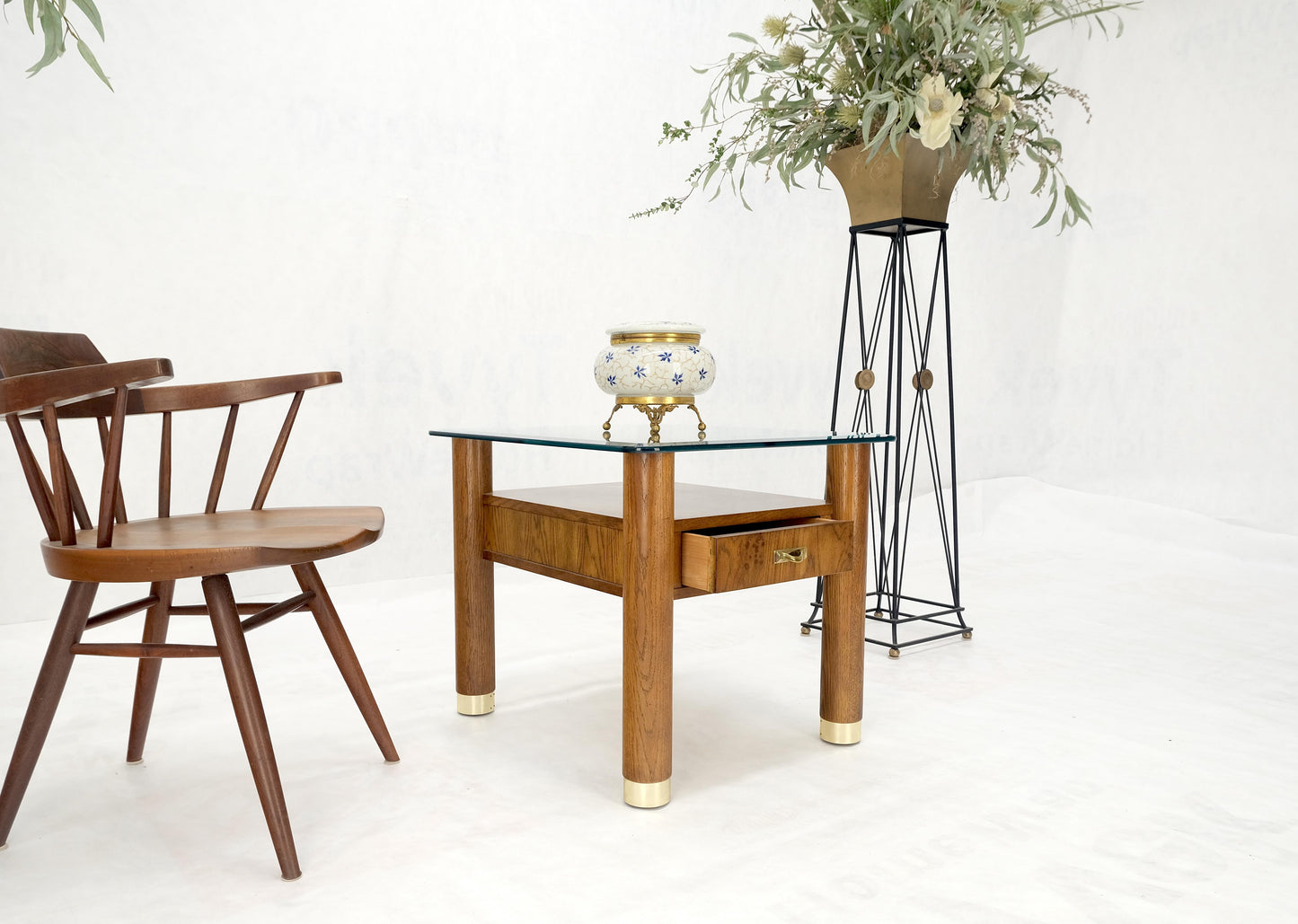 EstablishedLines Heavy Solid Oak Cylinder Legs Brass Tips Hardware One Drawer Glass Top End Table