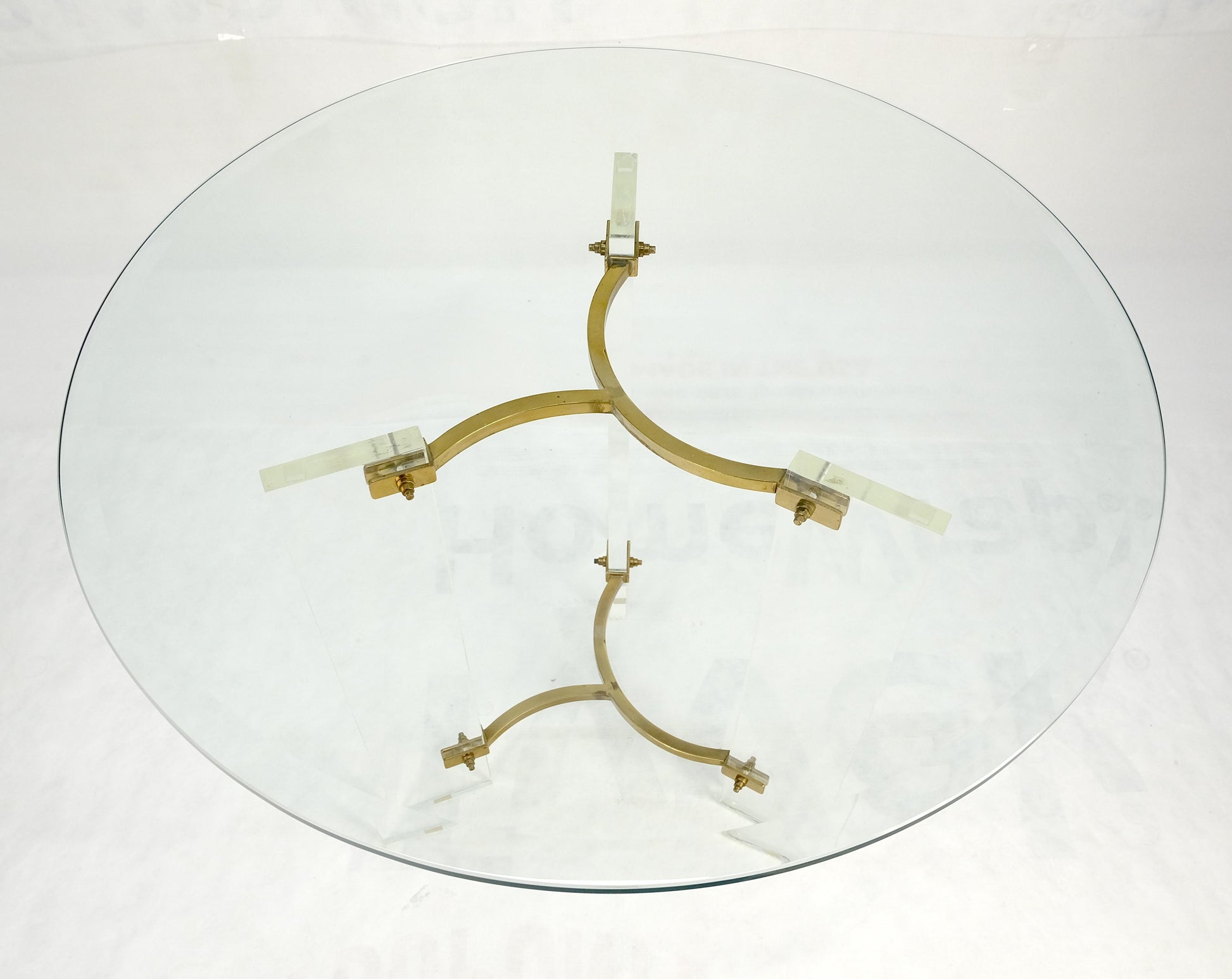 EstablishedLines Pair of Glass Top Lucite & Brass Bases End Side Occasional Tables Stands MINT!