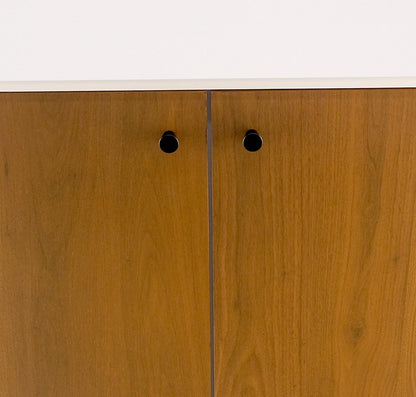 Two Doors Light Walnut & White Lacquer Storage Shelf Cabinet on Solid Brass Legs