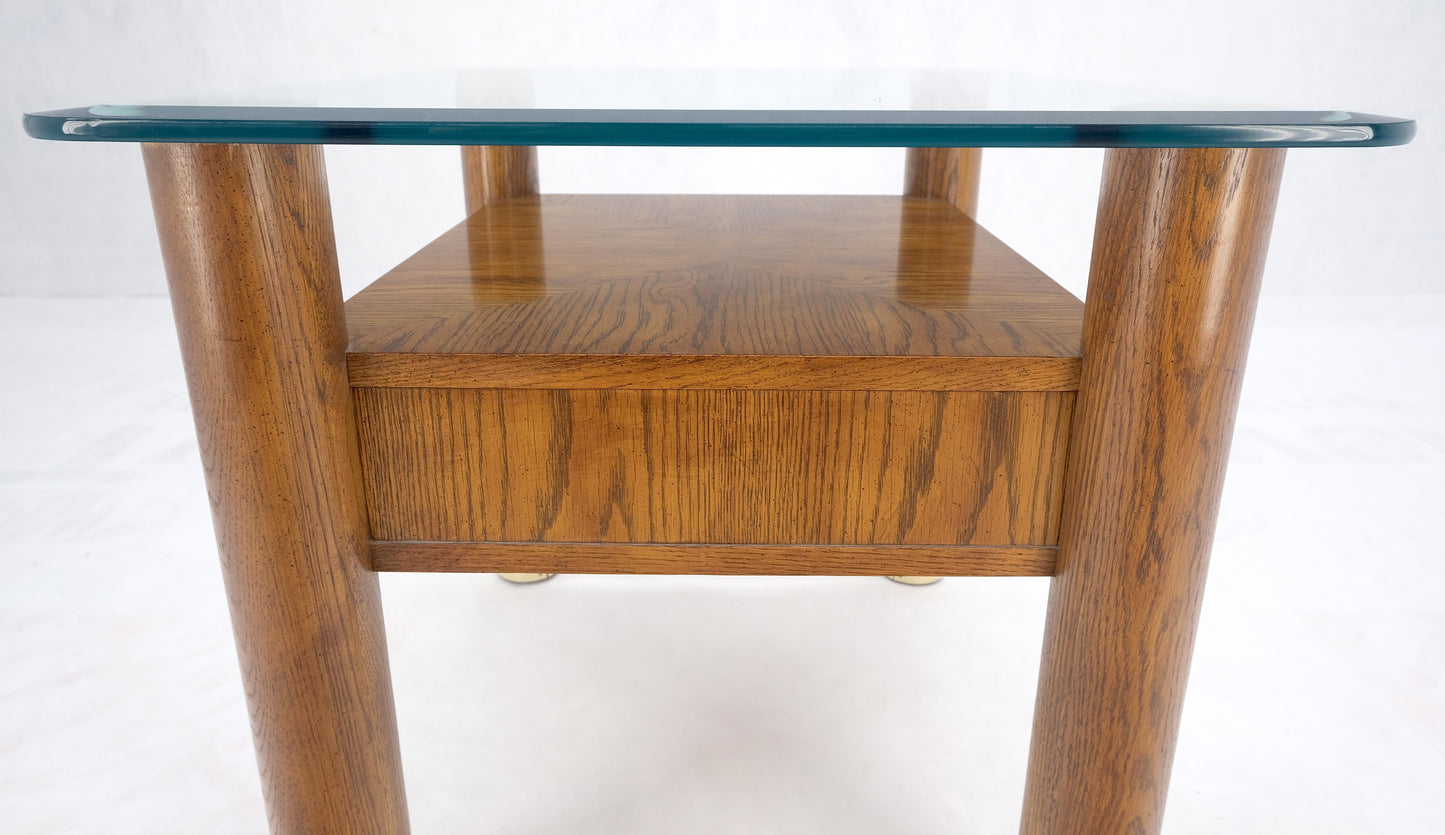 EstablishedLines Heavy Solid Oak Cylinder Legs Brass Tips Hardware One Drawer Glass Top End Table