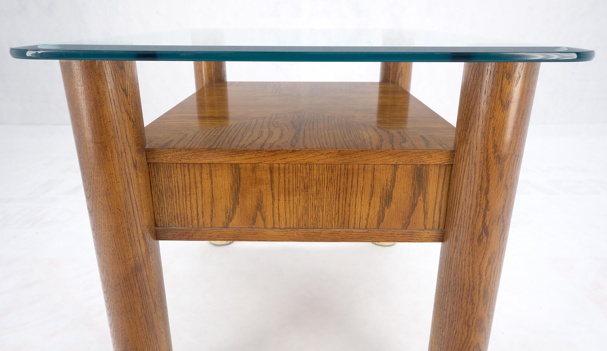 EstablishedLines Heavy Solid Oak Cylinder Legs Brass Tips Hardware One Drawer Glass Top End Table