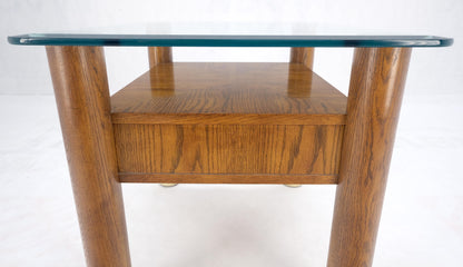EstablishedLines Heavy Solid Oak Cylinder Legs Brass Tips Hardware One Drawer Glass Top End Table