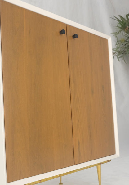 Two Doors Light Walnut & White Lacquer Storage Shelf Cabinet on Solid Brass Legs