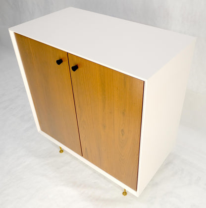 Two Doors Light Walnut & White Lacquer Storage Shelf Cabinet on Solid Brass Legs