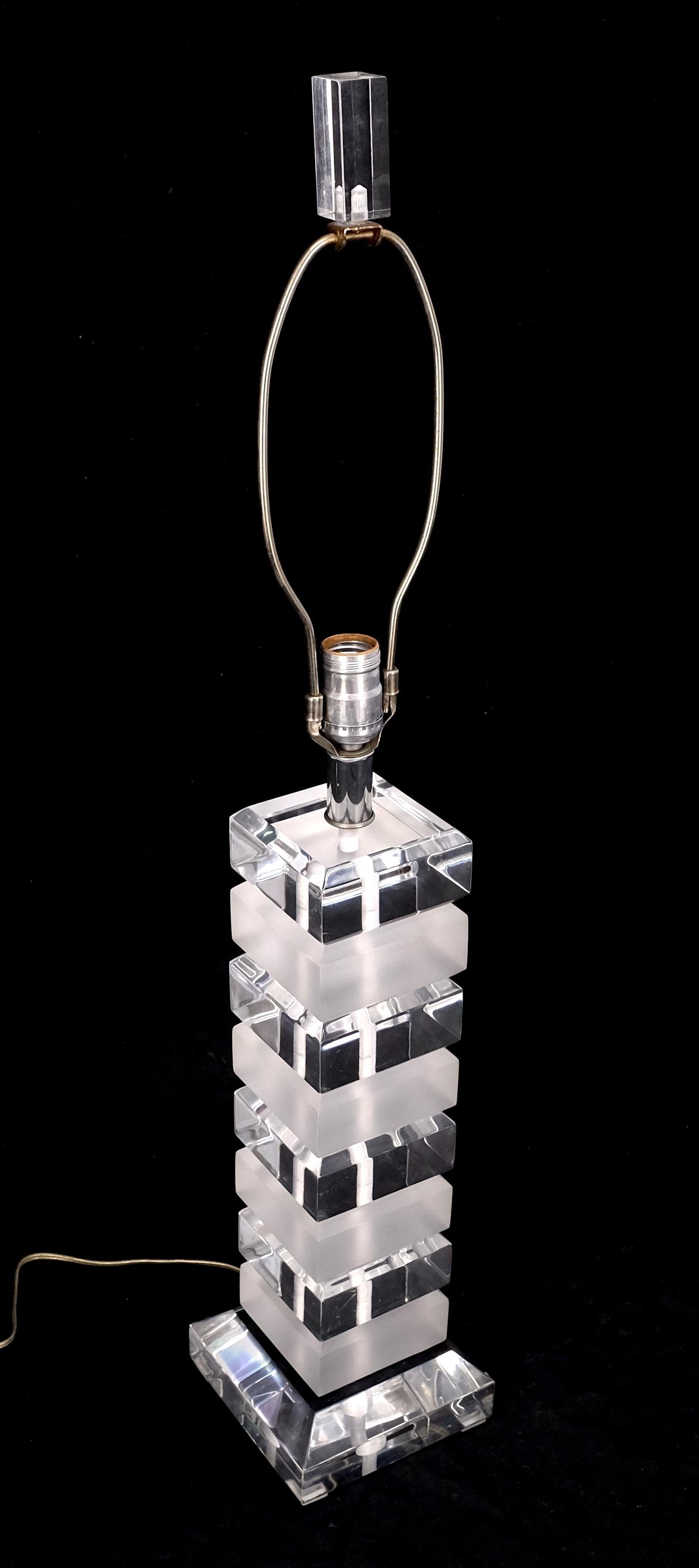 EstablishedLines Mid Century Modern c1970s Clear & Frosted Stacked Lucite Blocks Base Table Lamp