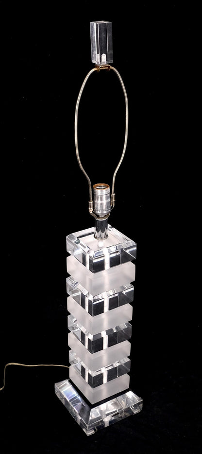 EstablishedLines Mid Century Modern c1970s Clear & Frosted Stacked Lucite Blocks Base Table Lamp