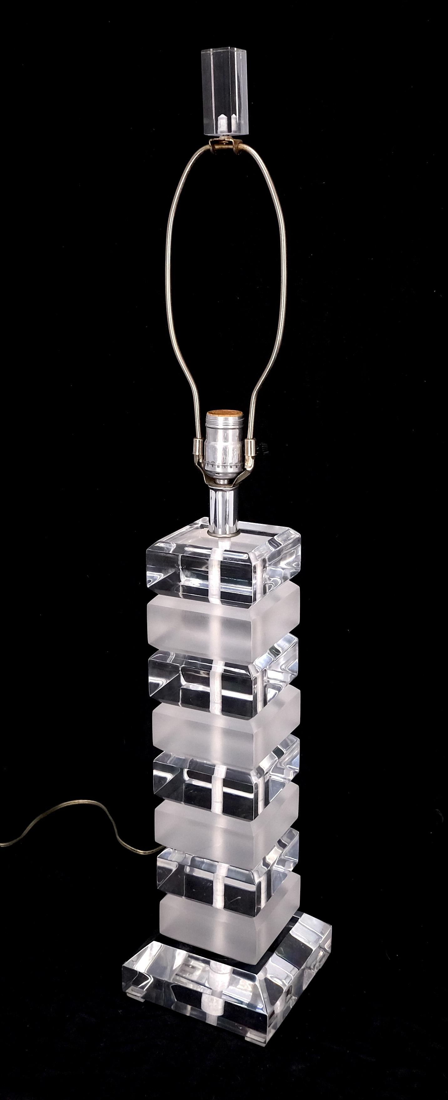 EstablishedLines Mid Century Modern c1970s Clear & Frosted Stacked Lucite Blocks Base Table Lamp