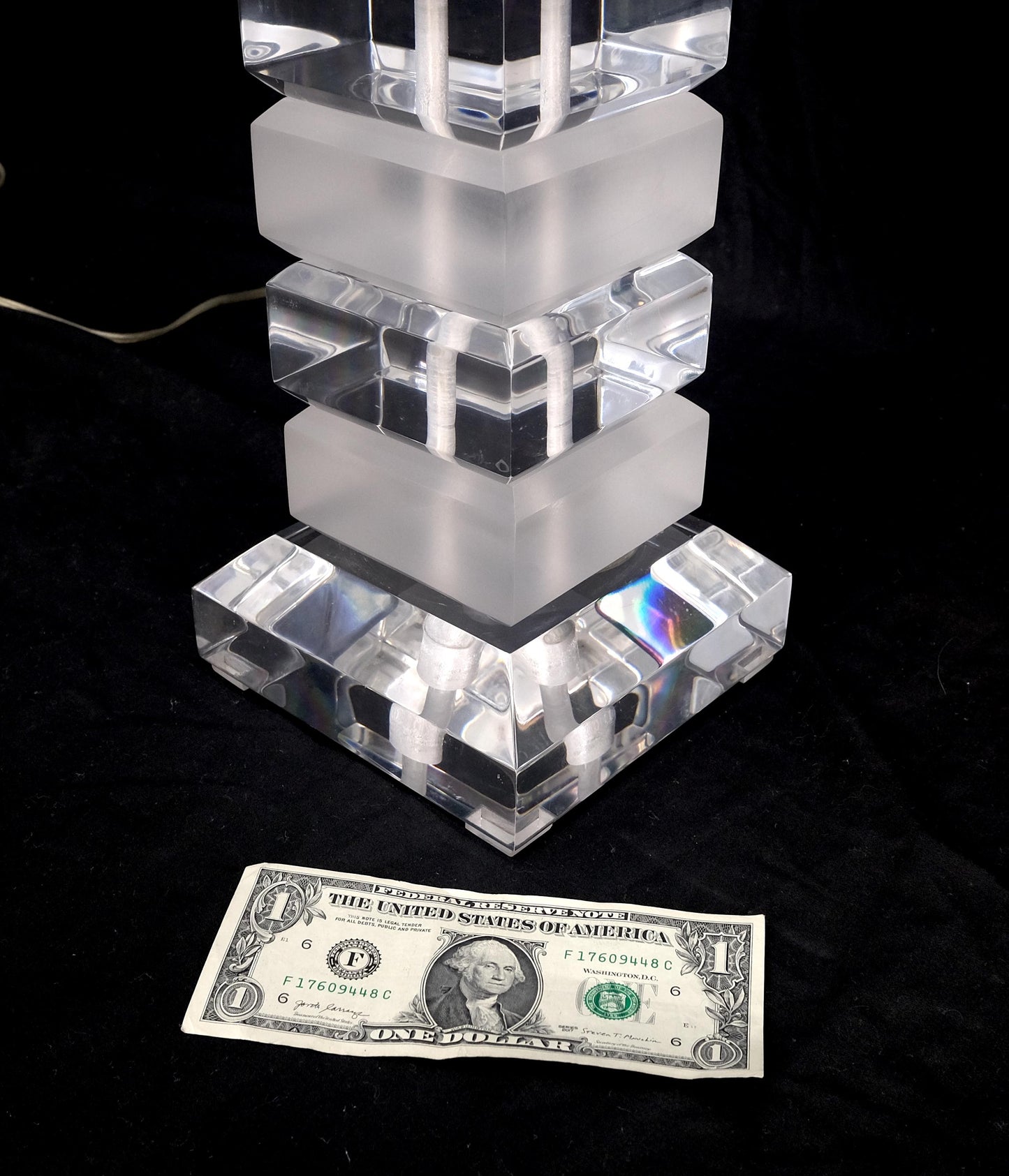 EstablishedLines Mid Century Modern c1970s Clear & Frosted Stacked Lucite Blocks Base Table Lamp