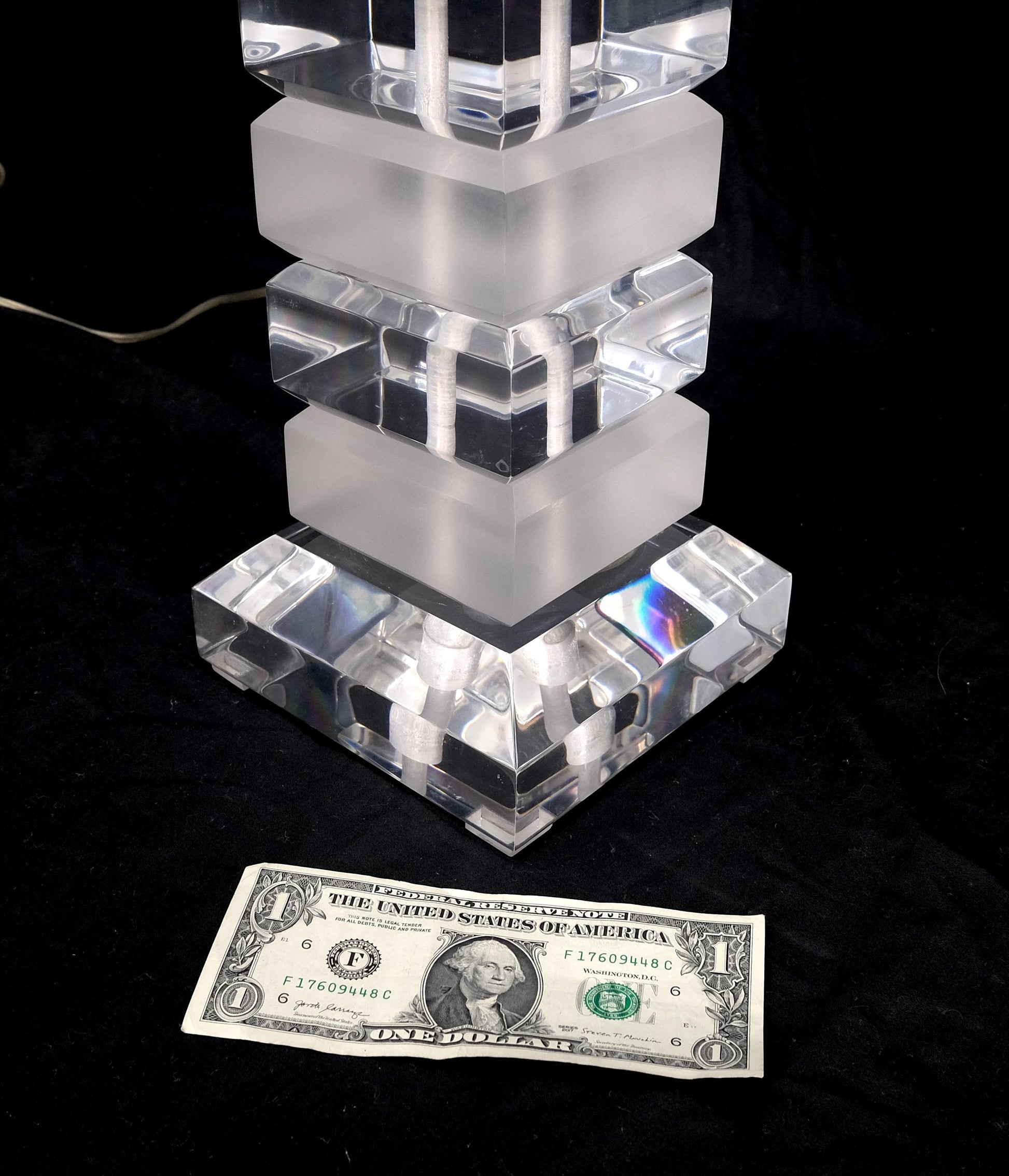 EstablishedLines Mid Century Modern c1970s Clear & Frosted Stacked Lucite Blocks Base Table Lamp