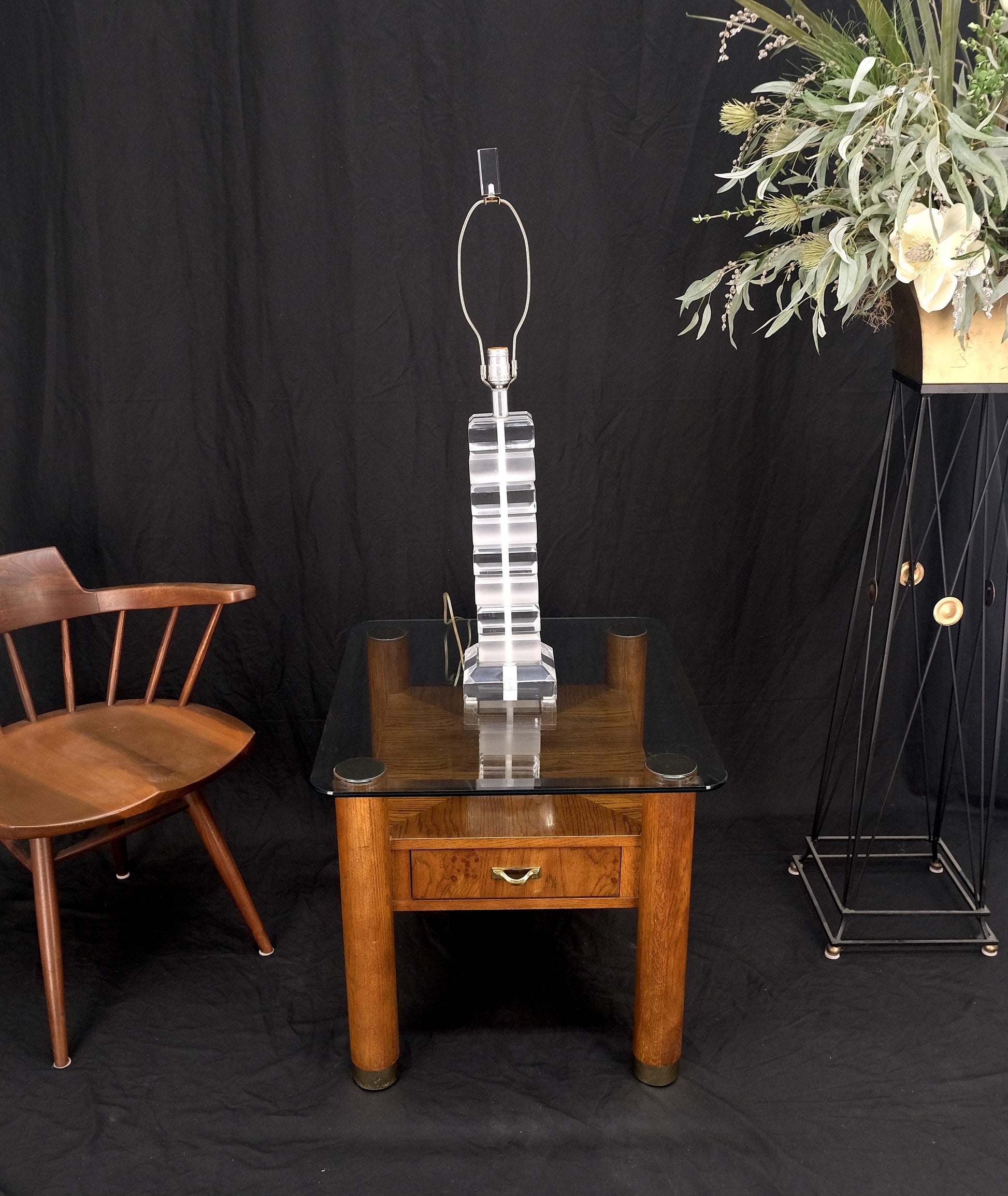 EstablishedLines Mid Century Modern c1970s Clear & Frosted Stacked Lucite Blocks Base Table Lamp