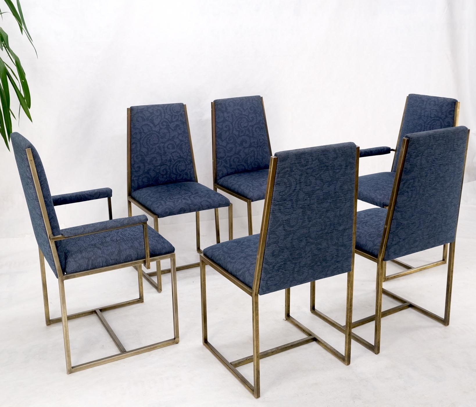 EstablishedLines Set 6 Nice Bronze Satin Finish Blue Upholstery Dining Side Arm Chairs Armchairs