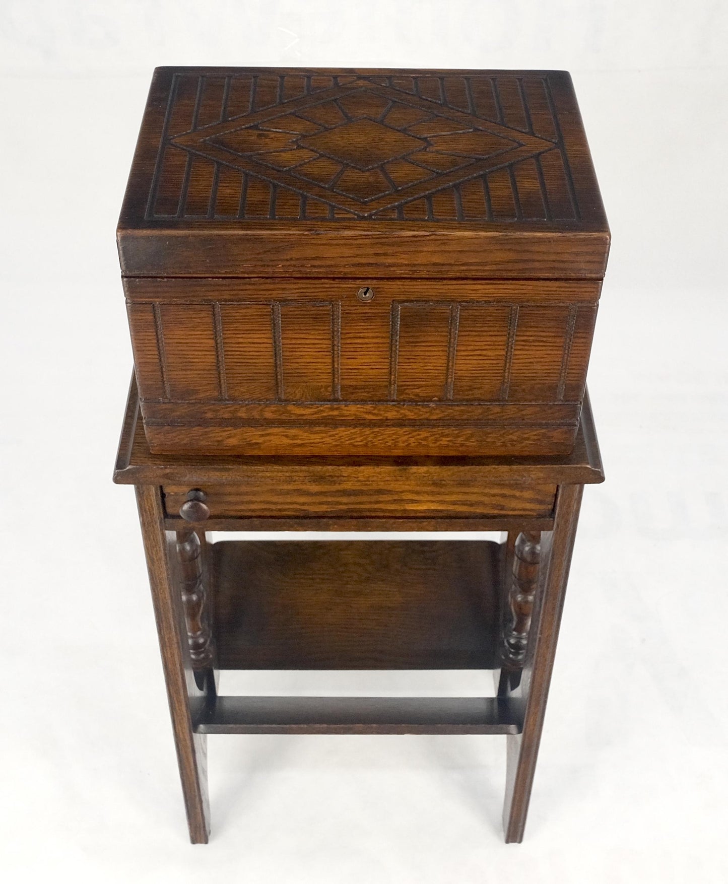 Antique c1920s Art Deco Solid Oak Humidor on Stand w/ Built in Swivel Ashtray