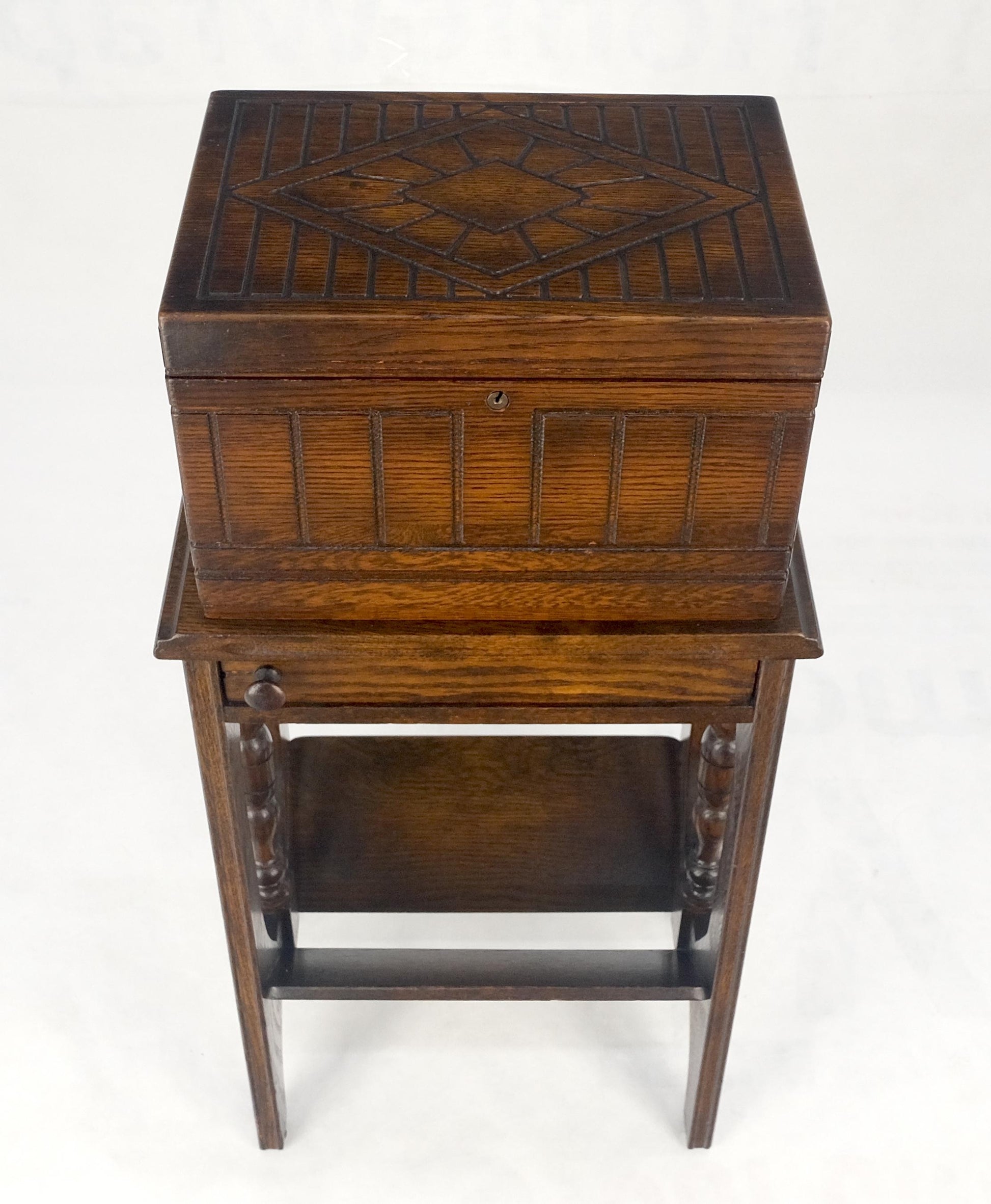 Antique c1920s Art Deco Solid Oak Humidor on Stand w/ Built in Swivel Ashtray