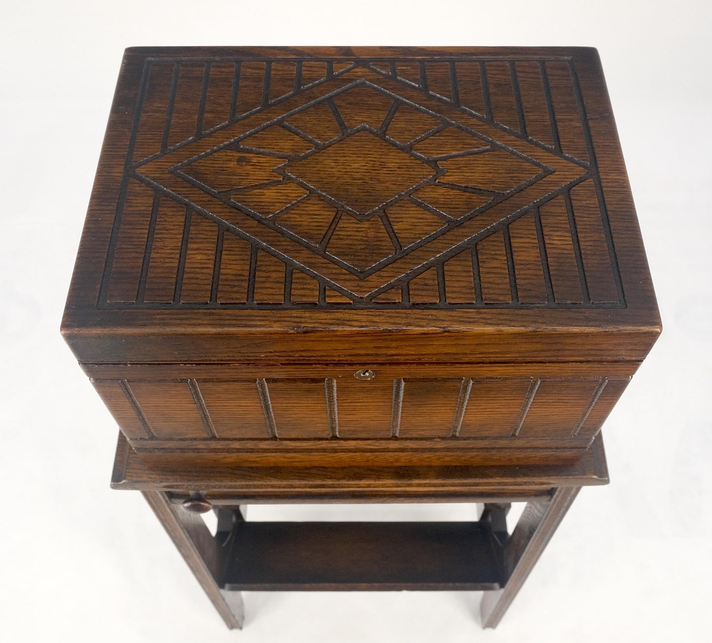 Antique c1920s Art Deco Solid Oak Humidor on Stand w/ Built in Swivel Ashtray