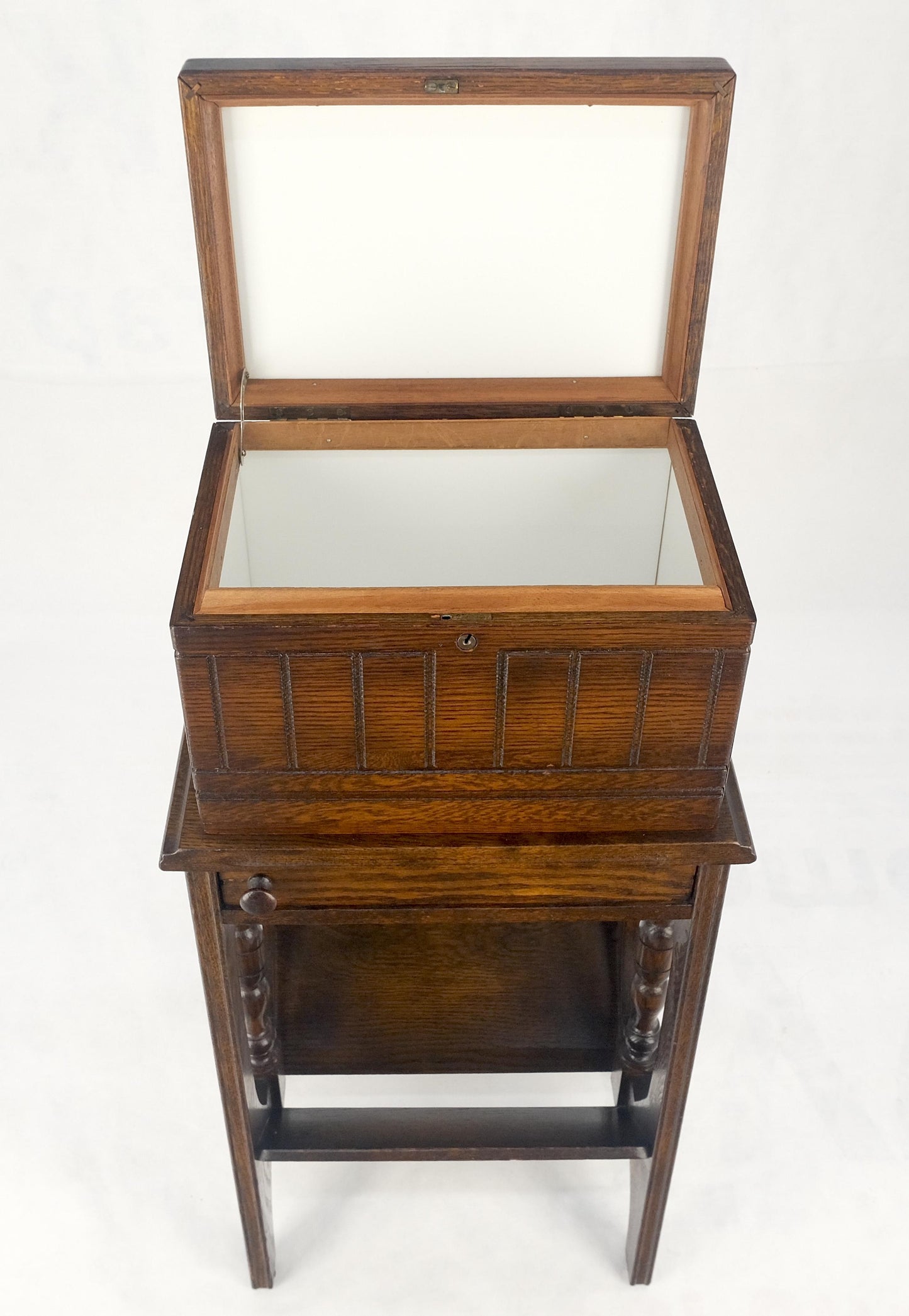 Antique c1920s Art Deco Solid Oak Humidor on Stand w/ Built in Swivel Ashtray