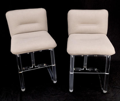EstablishedLines Pair Bent Lucite 1970s New Alcantera Upholstery Swivel Barstool Chairs Chairs
