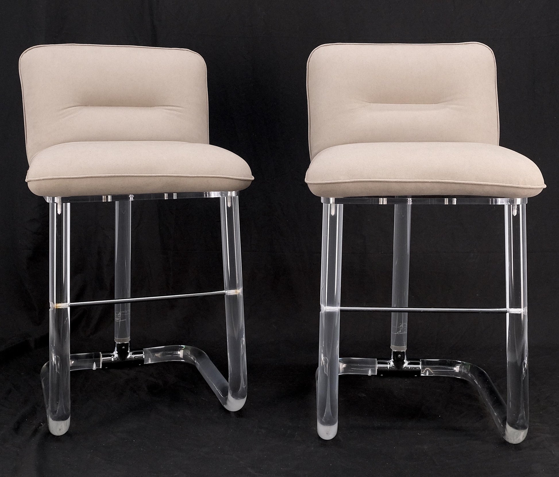 EstablishedLines Pair Bent Lucite 1970s New Alcantera Upholstery Swivel Barstool Chairs Chairs