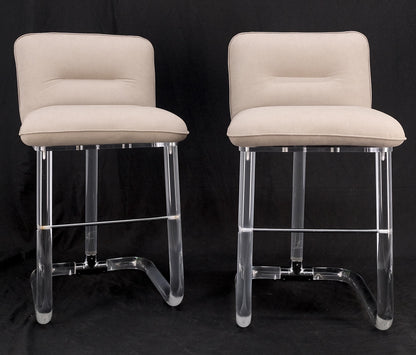 EstablishedLines Pair Bent Lucite 1970s New Alcantera Upholstery Swivel Barstool Chairs Chairs