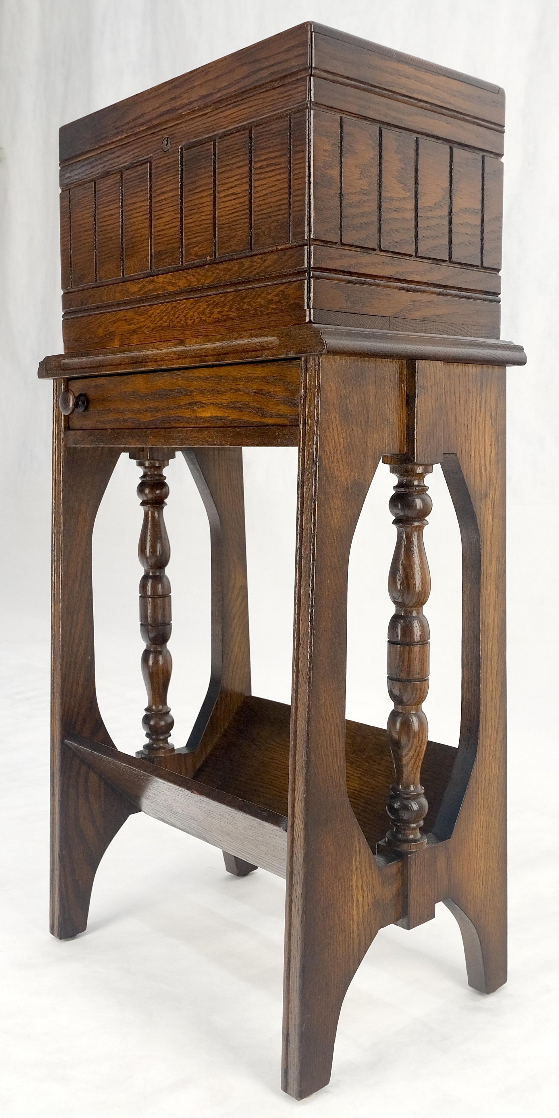 Antique c1920s Art Deco Solid Oak Humidor on Stand w/ Built in Swivel Ashtray