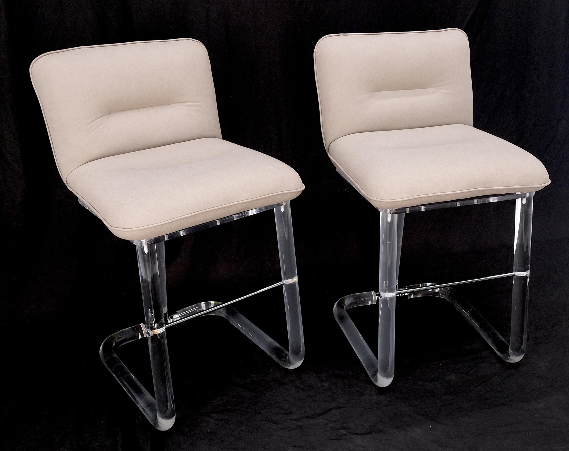 EstablishedLines Pair Bent Lucite 1970s New Alcantera Upholstery Swivel Barstool Chairs Chairs