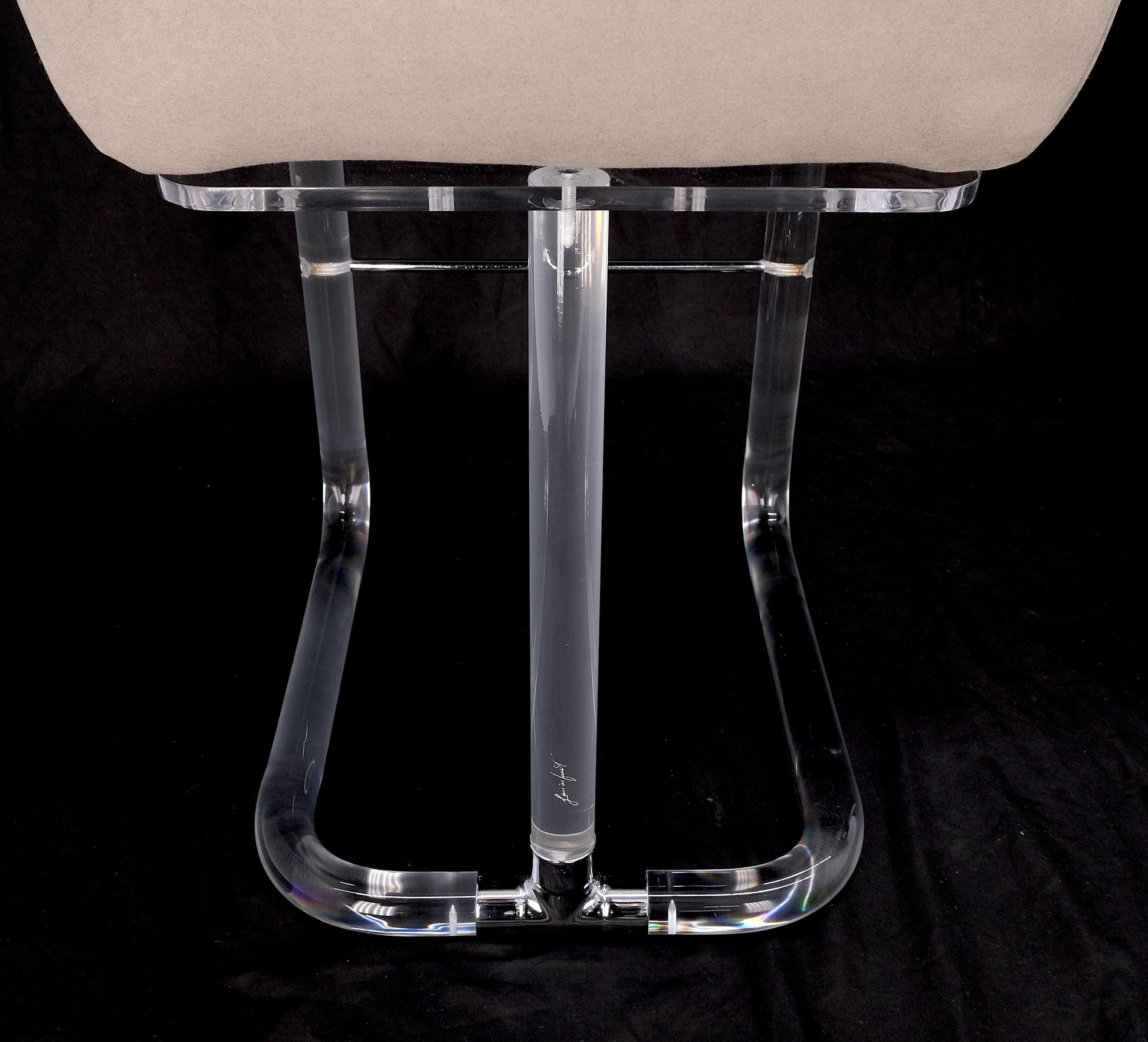 EstablishedLines Pair Bent Lucite 1970s New Alcantera Upholstery Swivel Barstool Chairs Chairs