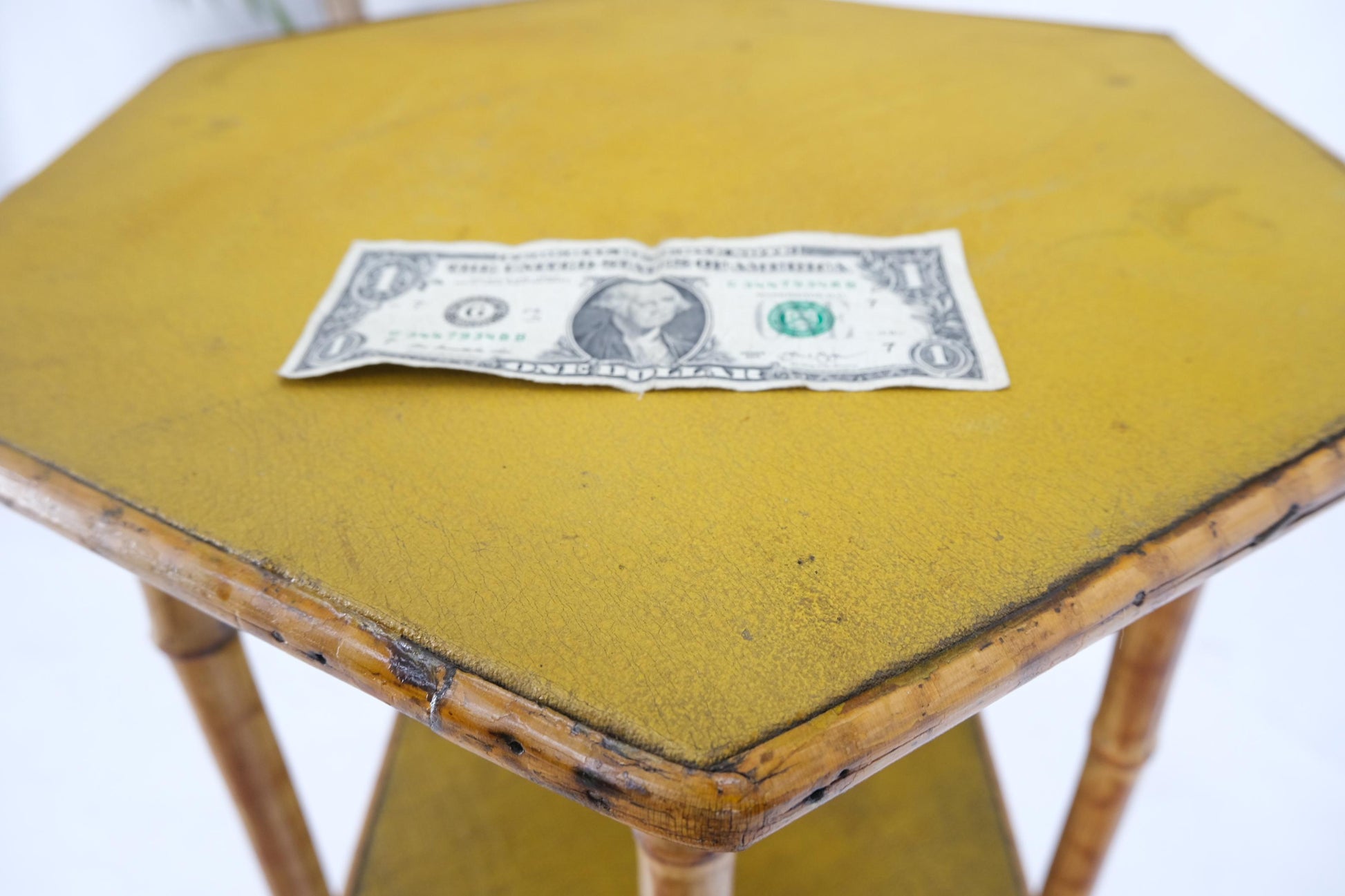 EstablishedLines 3 Tier Grass Cloth Hexagon Burnt Bamboo Antique Pedestal Candle Lamp Table Stand