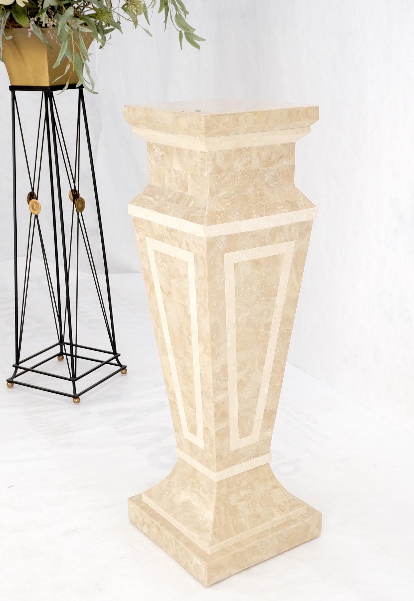 EstablishedLines Mid Century Tessellated Stone Inlay Square Tapered Shape Decorative Pedestal