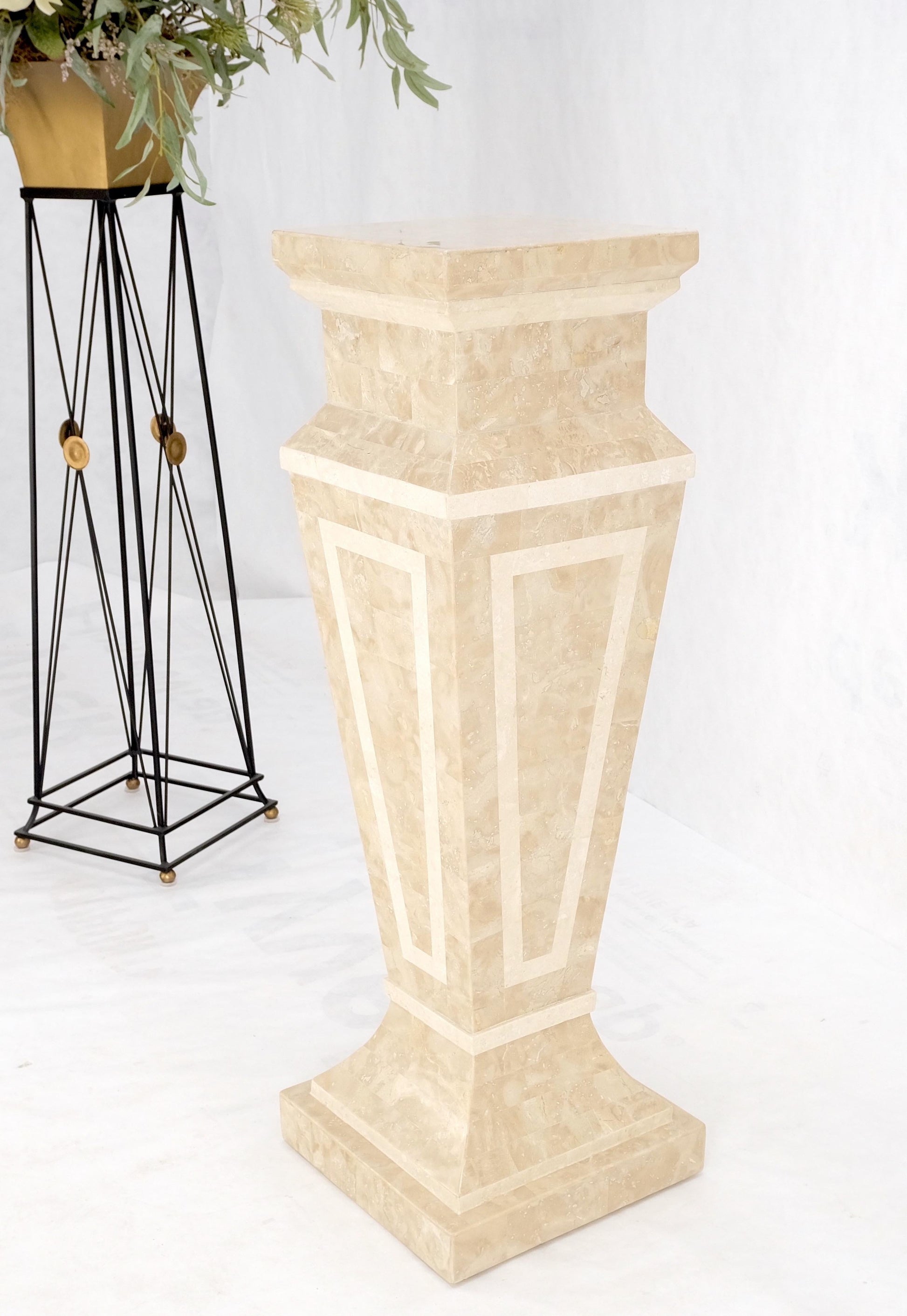 EstablishedLines Mid Century Tessellated Stone Inlay Square Tapered Shape Decorative Pedestal