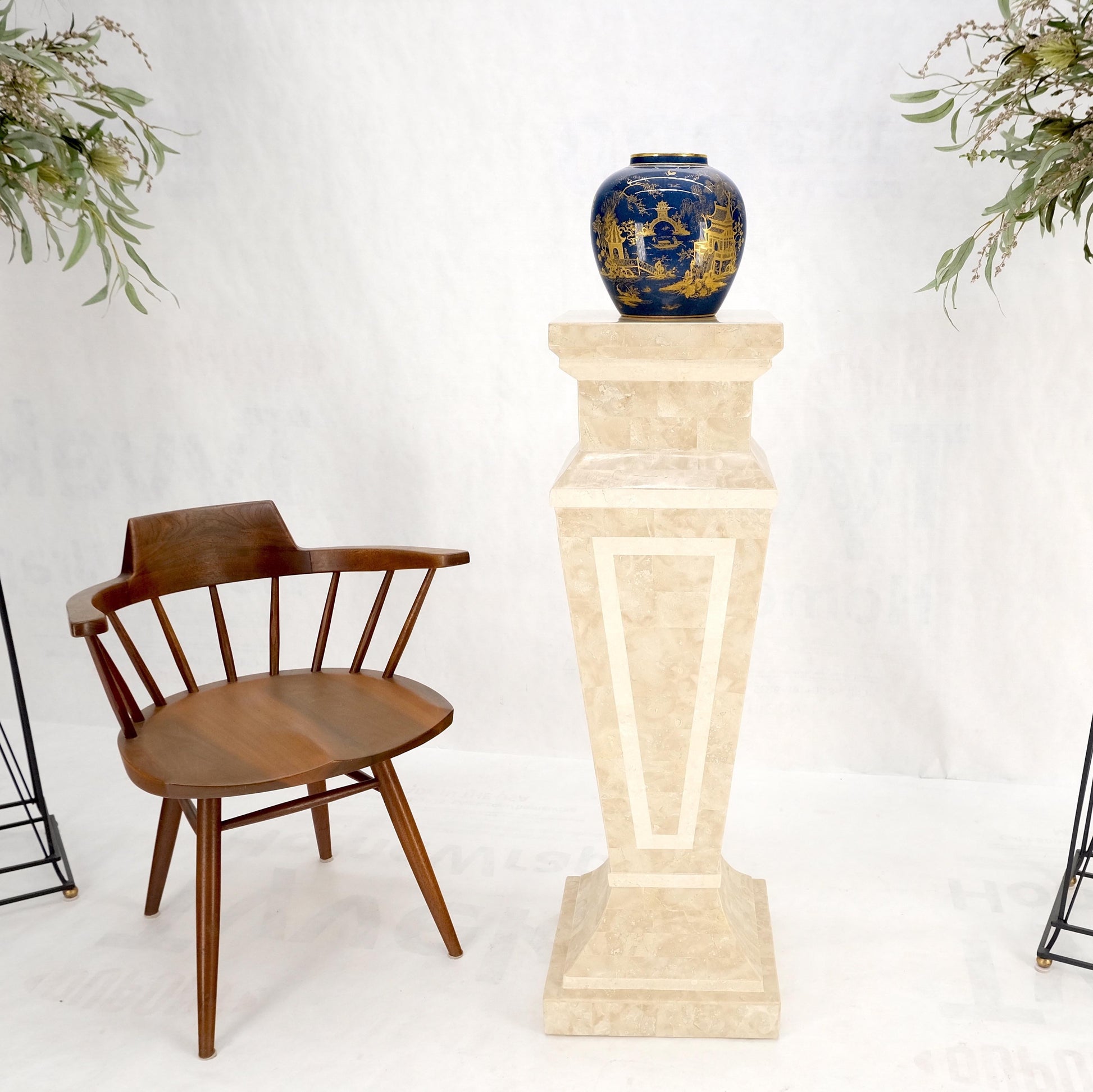 EstablishedLines Mid Century Tessellated Stone Inlay Square Tapered Shape Decorative Pedestal