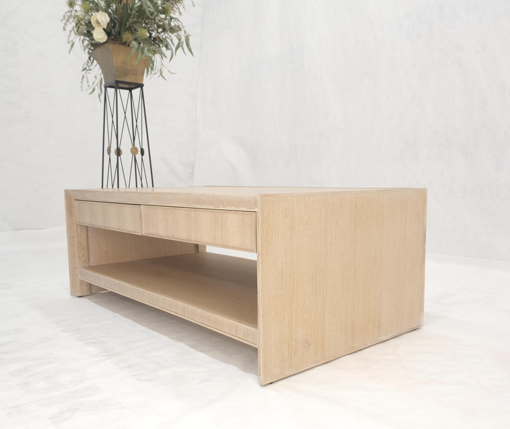 Cerused White Oak Two Drawers One Shelf Mid Century Modern Coffee Table MINT!