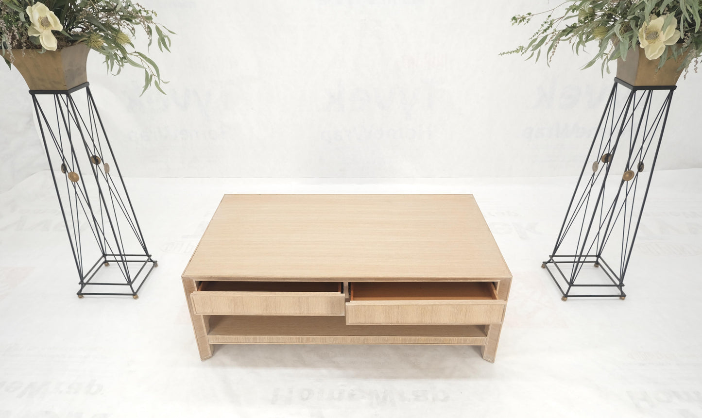 Cerused White Oak Two Drawers One Shelf Mid Century Modern Coffee Table MINT!