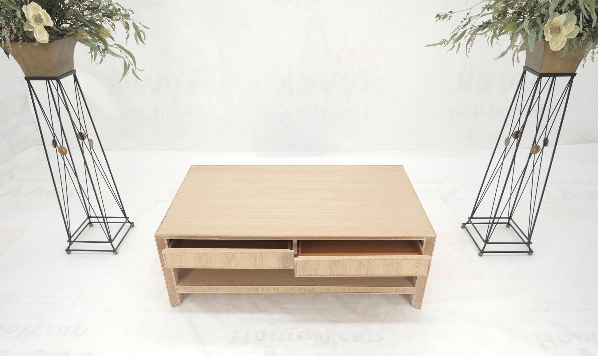 Cerused White Oak Two Drawers One Shelf Mid Century Modern Coffee Table MINT!