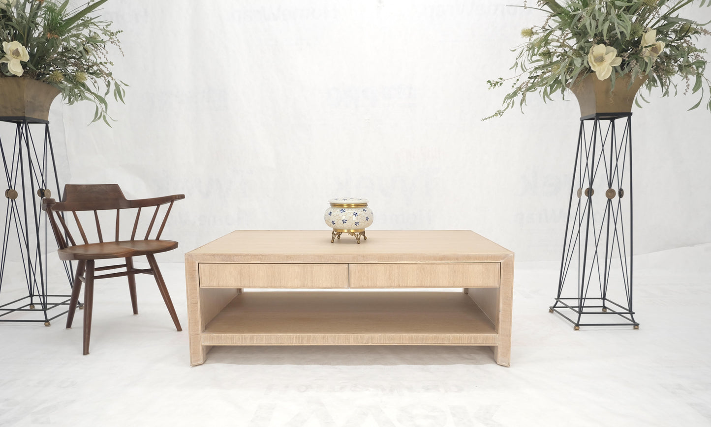 Cerused White Oak Two Drawers One Shelf Mid Century Modern Coffee Table MINT!