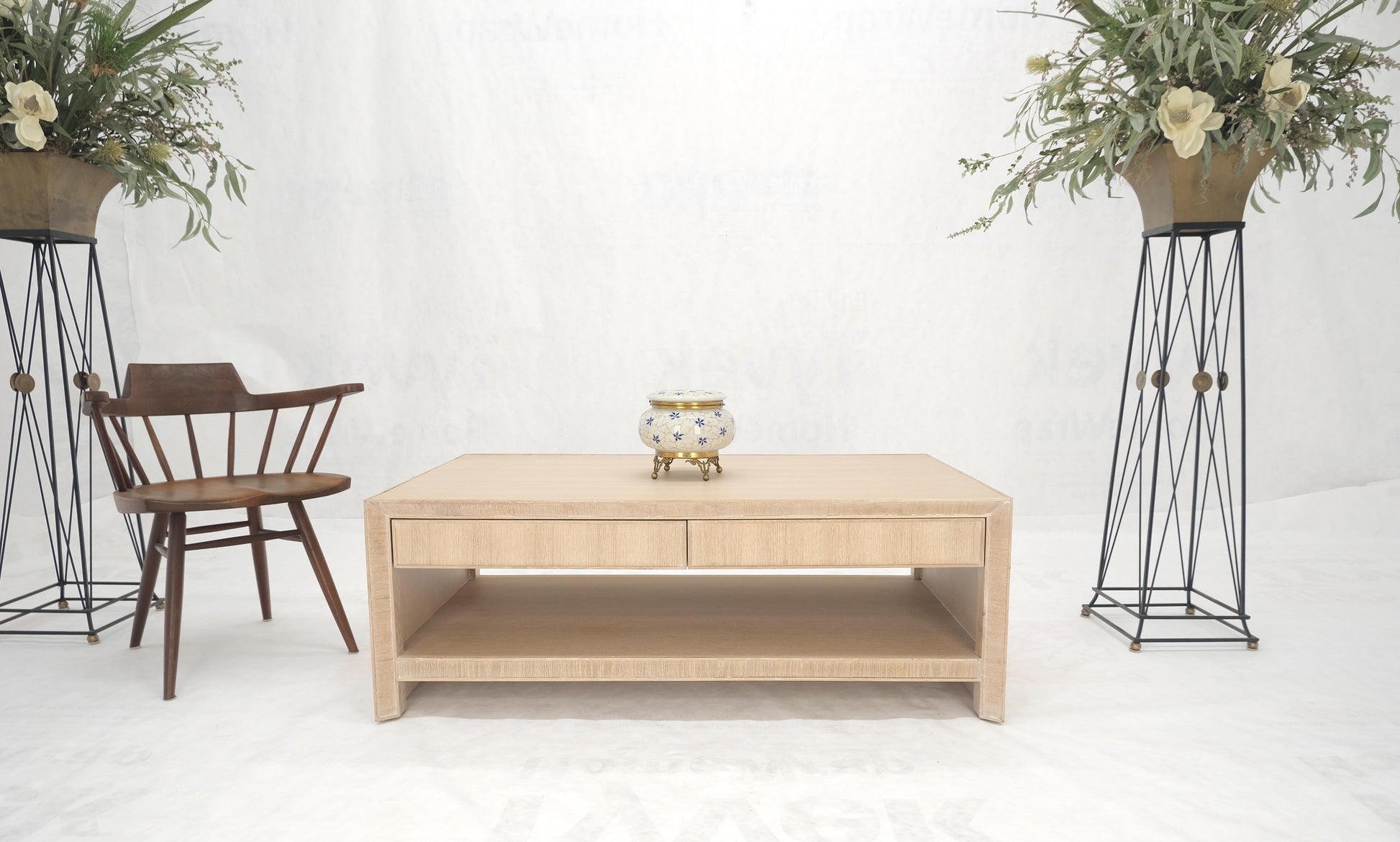 Cerused White Oak Two Drawers One Shelf Mid Century Modern Coffee Table MINT!