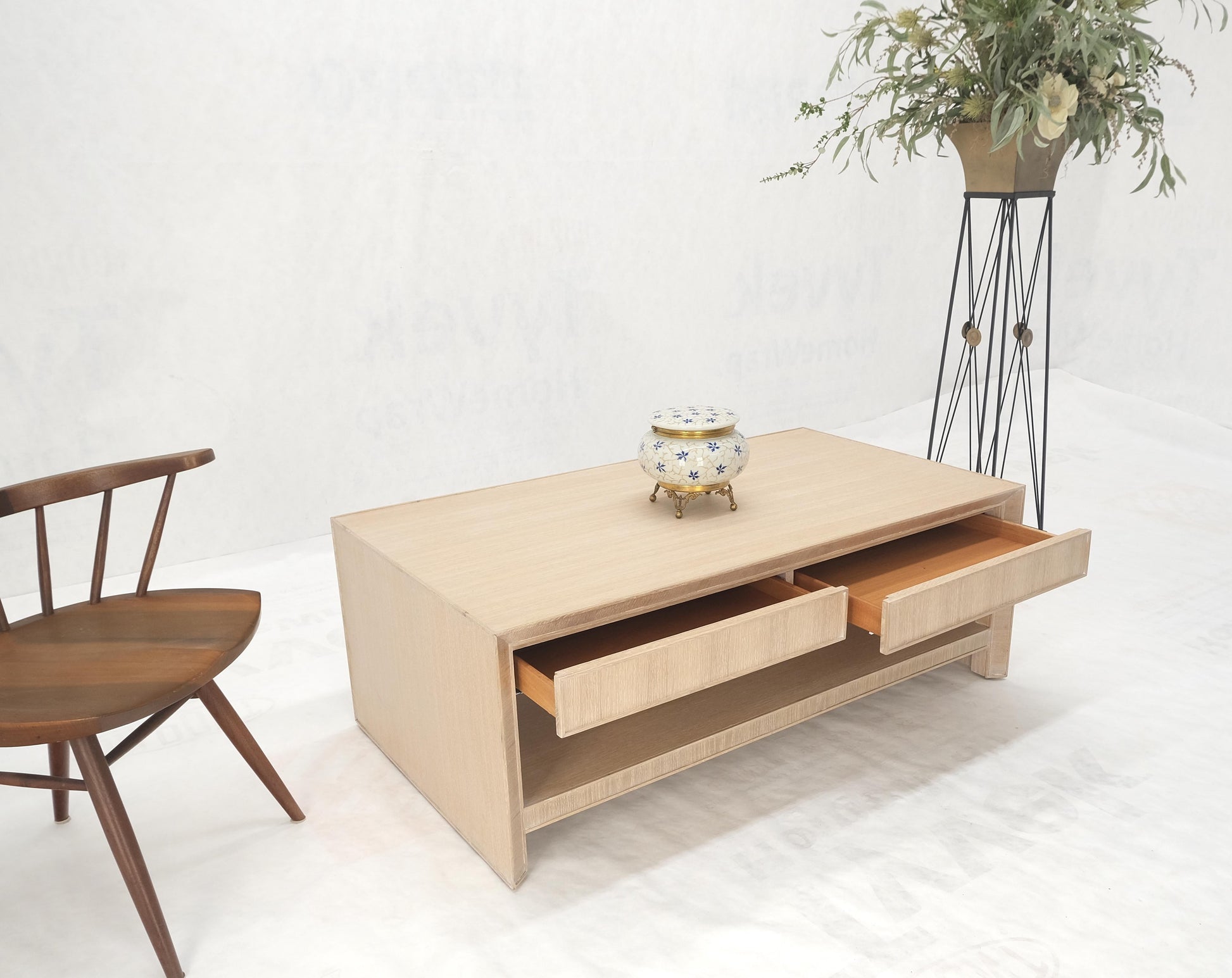 Cerused White Oak Two Drawers One Shelf Mid Century Modern Coffee Table MINT!