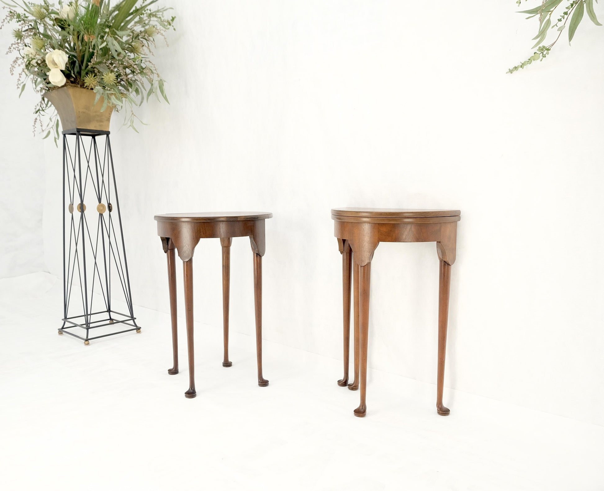 EstablishedLines Pair Walnut Baker Demilune Flip Top Round End Side Console Occasional Table MINT