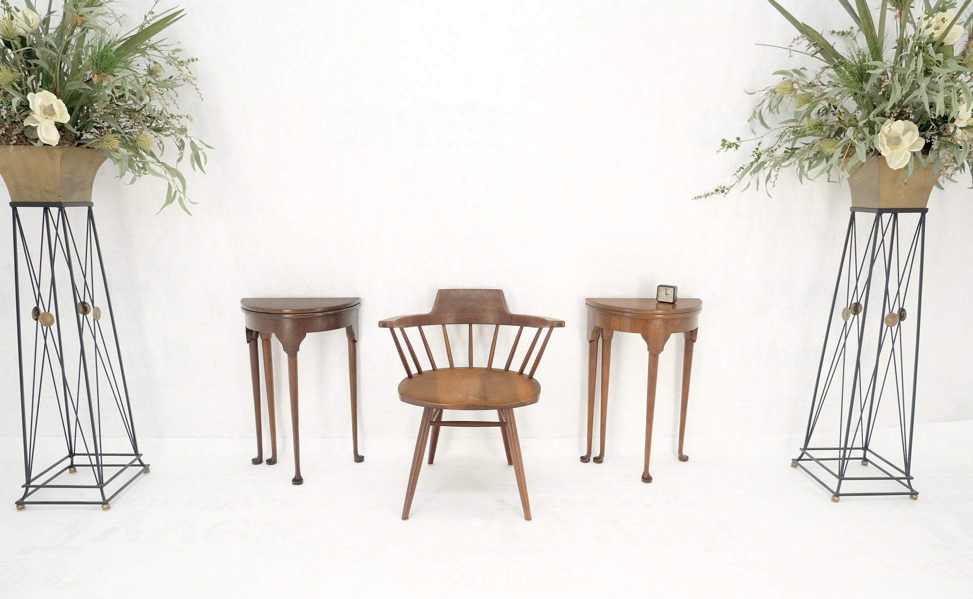 EstablishedLines Pair Walnut Baker Demilune Flip Top Round End Side Console Occasional Table MINT