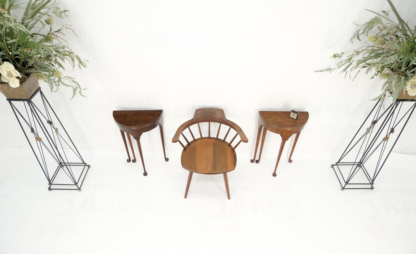 EstablishedLines Pair Walnut Baker Demilune Flip Top Round End Side Console Occasional Table MINT
