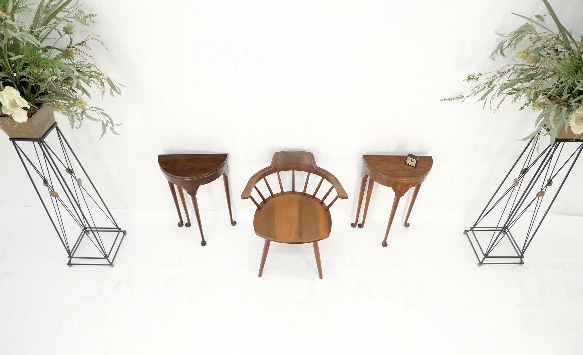 EstablishedLines Pair Walnut Baker Demilune Flip Top Round End Side Console Occasional Table MINT