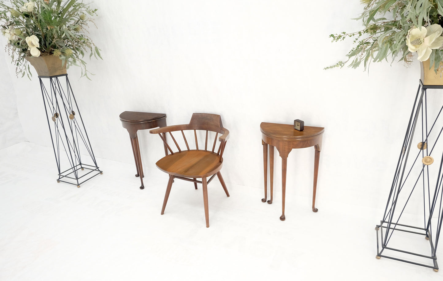 EstablishedLines Pair Walnut Baker Demilune Flip Top Round End Side Console Occasional Table MINT