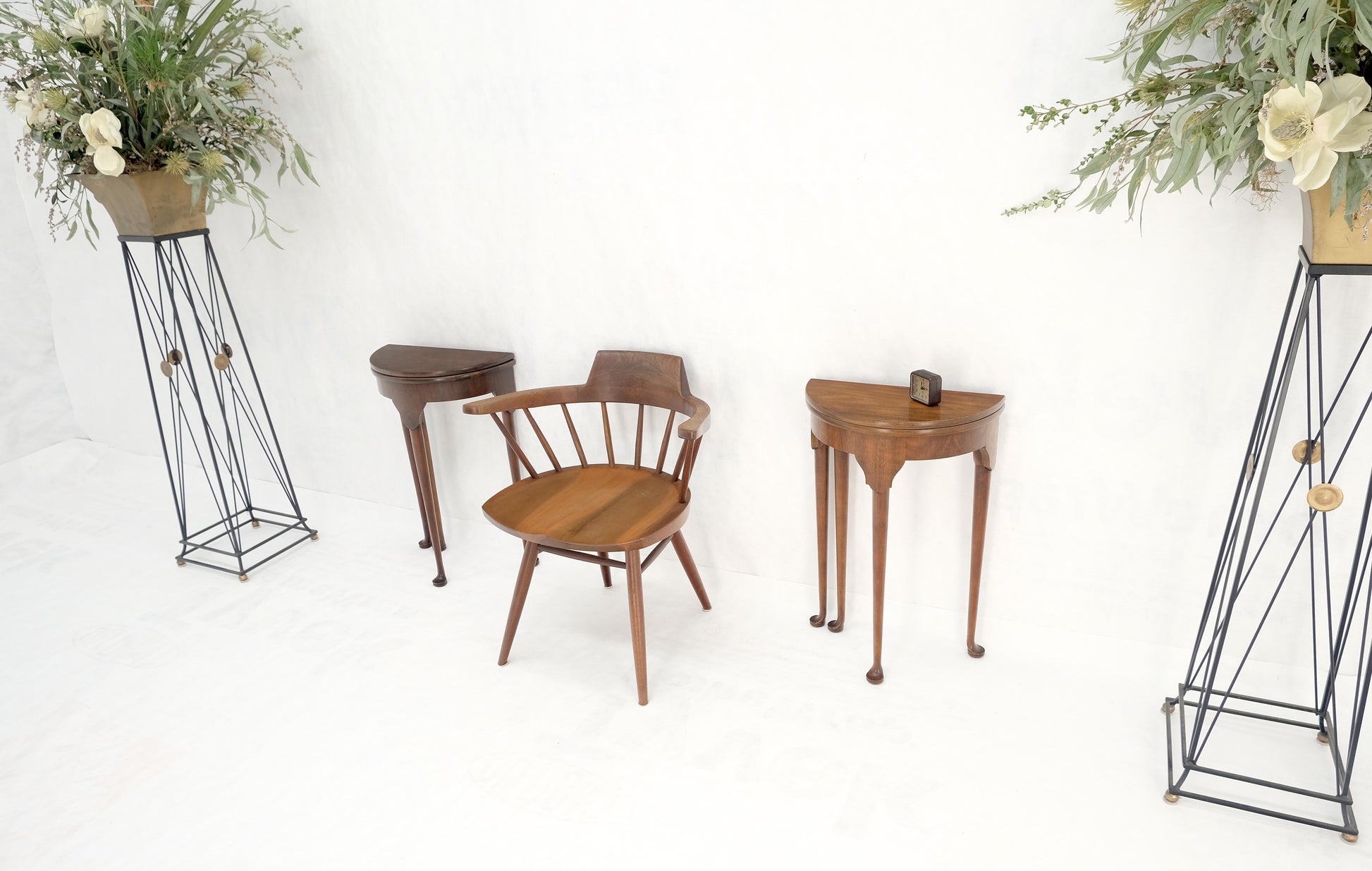 EstablishedLines Pair Walnut Baker Demilune Flip Top Round End Side Console Occasional Table MINT