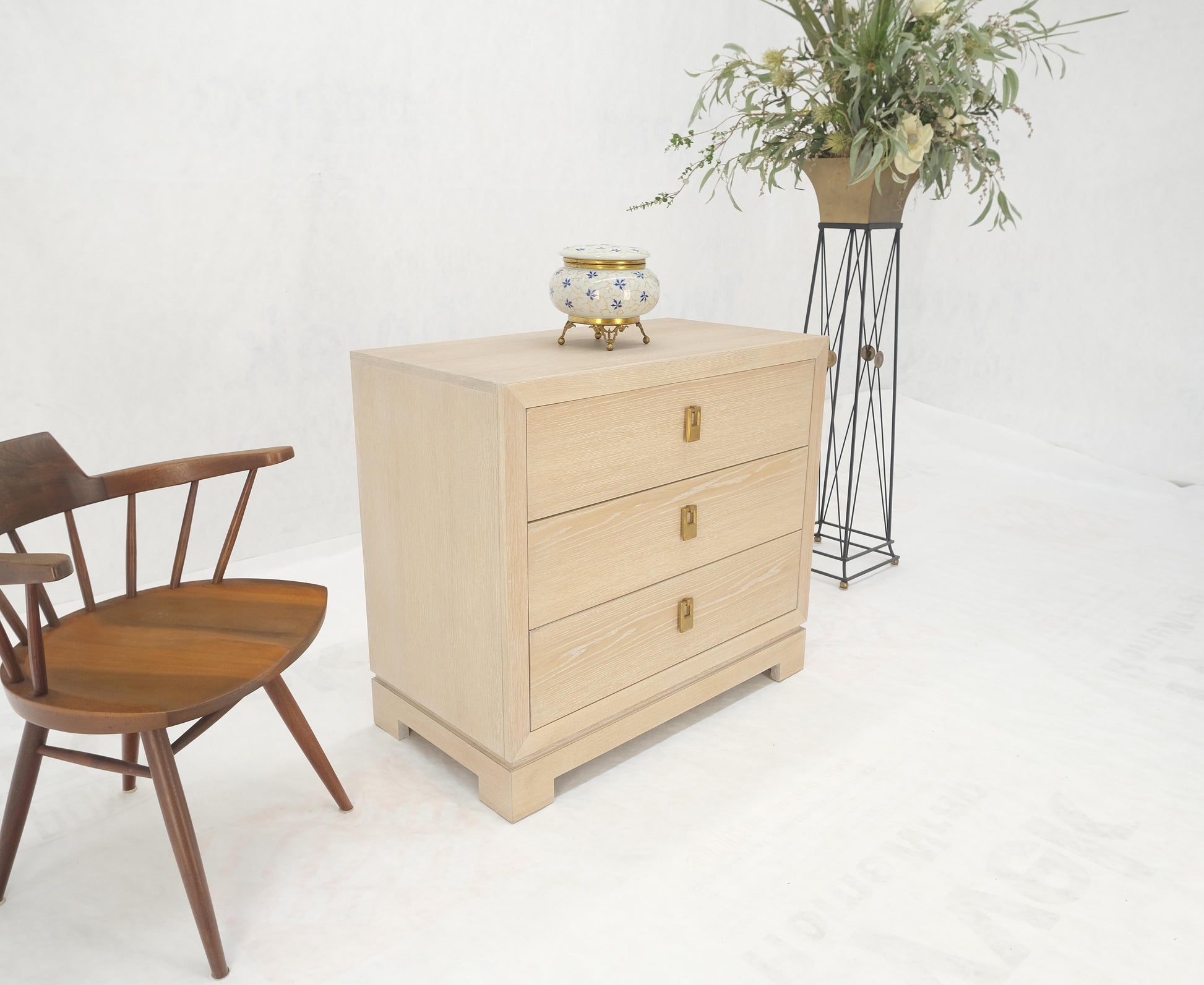 EstablishedLines Three Drawers Brass Drop Pulls Hardware Cerused Oak Bachelor Chest Dresser MINT!