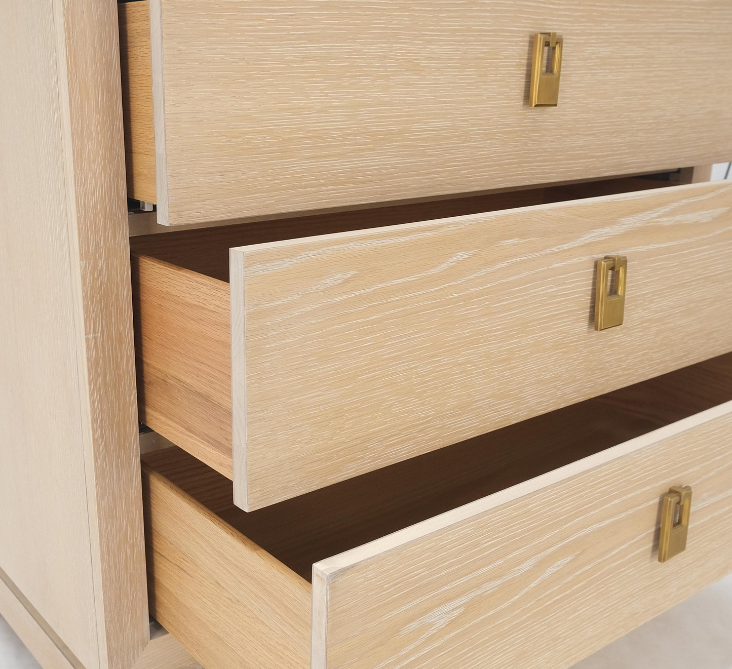 EstablishedLines Three Drawers Brass Drop Pulls Hardware Cerused Oak Bachelor Chest Dresser MINT!