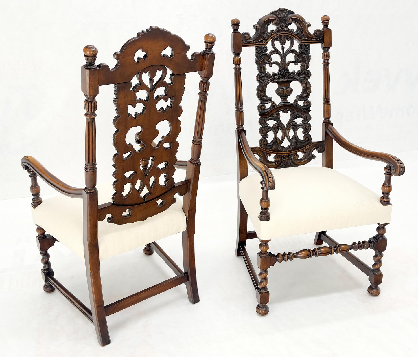 EstablishedLines Pair of Carved Walnut Tall Backs New Upholstery Fireside Arm Side Chairs MINT!