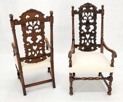 EstablishedLines Pair of Carved Walnut Tall Backs New Upholstery Fireside Arm Side Chairs MINT!